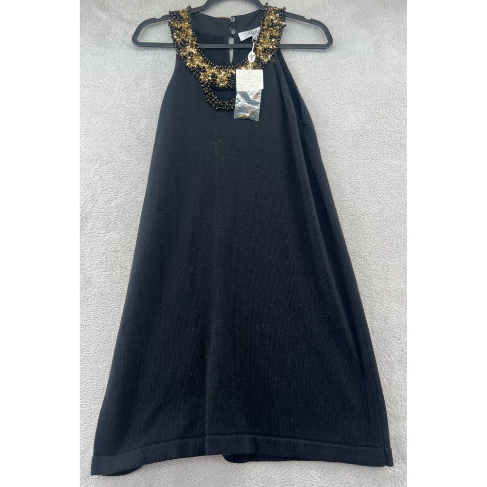 Tibi New York Dress Sz M Black Beaded Sequin Halter Knit Shift Cotton Linen
